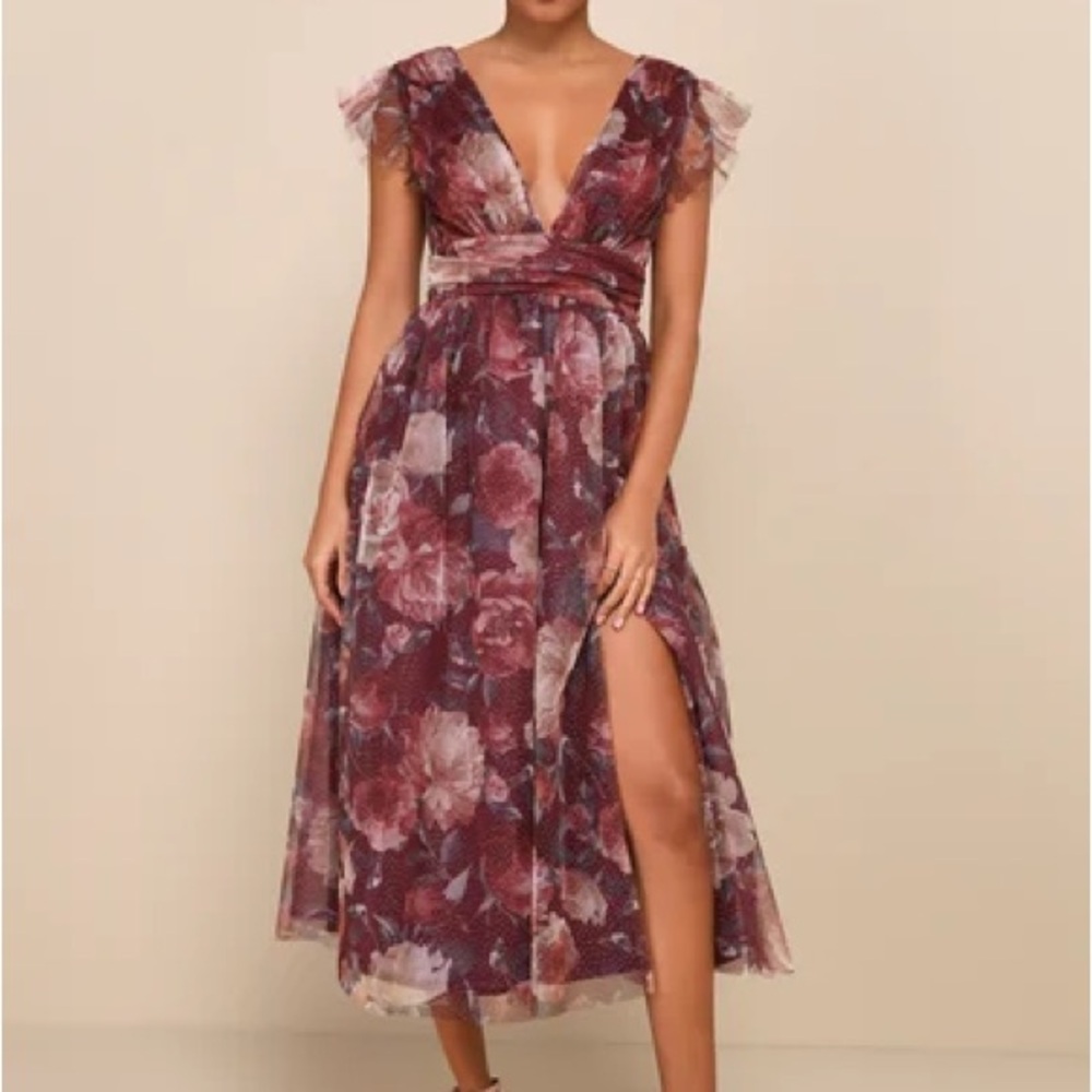 Lulu's Burgundy and Cream Strapless Floral Dress